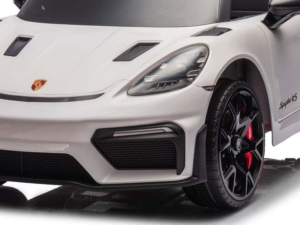Porsche Spyder RS, kinderauto op 12 volt accu, rubberen banden, leren stoel en meer!